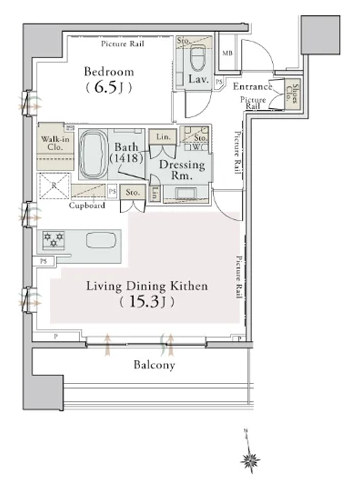 407号室と同タイプの参考間取り図（1LDK・52.44㎡）