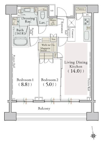 1203号室と同タイプの参考間取り図（2LDK・65.56㎡）
