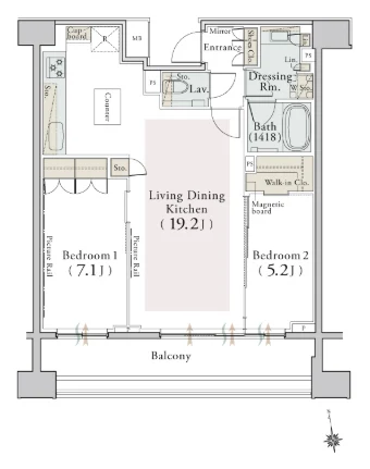 1102号室と同タイプの参考間取り図(2LDK・68.49㎡)
