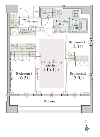 1201号室と同タイプの参考間取り図（3LDK・68.92㎡）